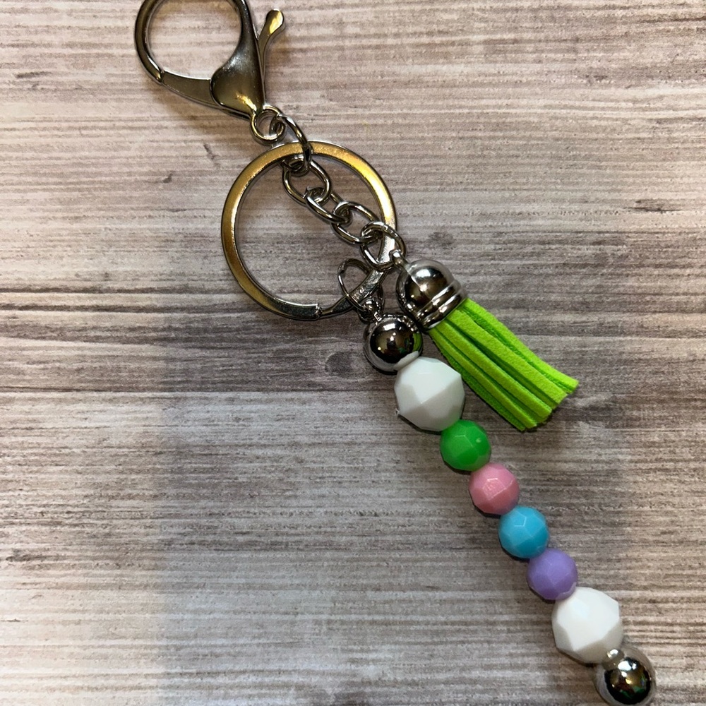 Multicolored Beaded Keychain with Green Tassel